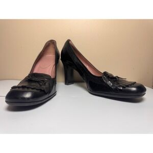 Nine West Leather Heels Black Block Heel Loafers Fringe Bow Women's Size‎ 8M
